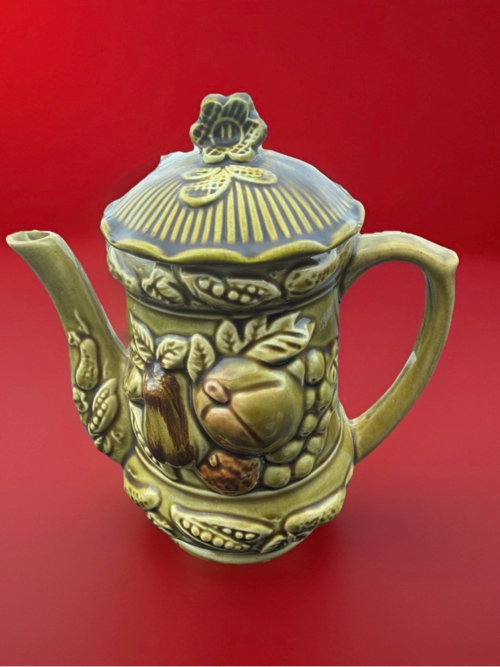 Olive Green Ceramic Pitcher with Fruit Relief - Japan